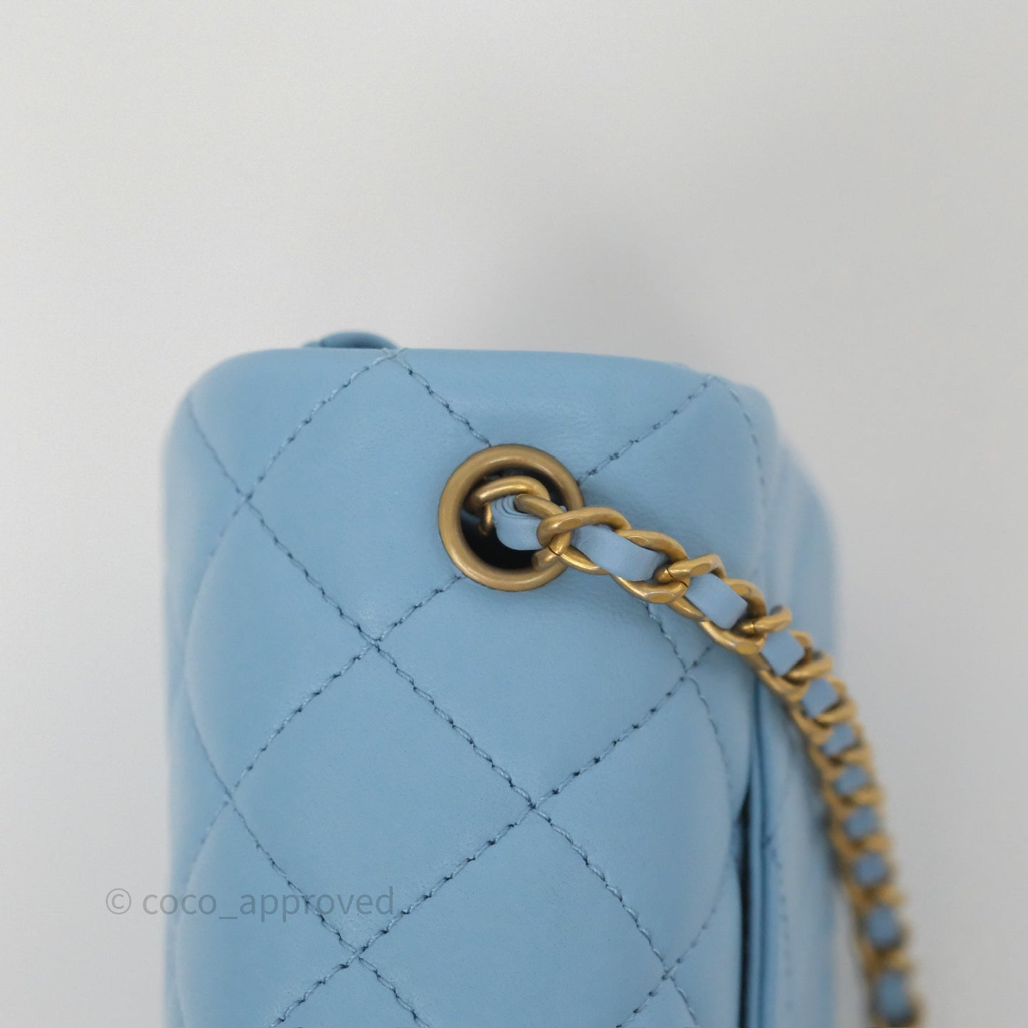 Chanel Mini Rectangular Pearl Crush Quilted Sky Blue Lambskin Aged Gold Hardware