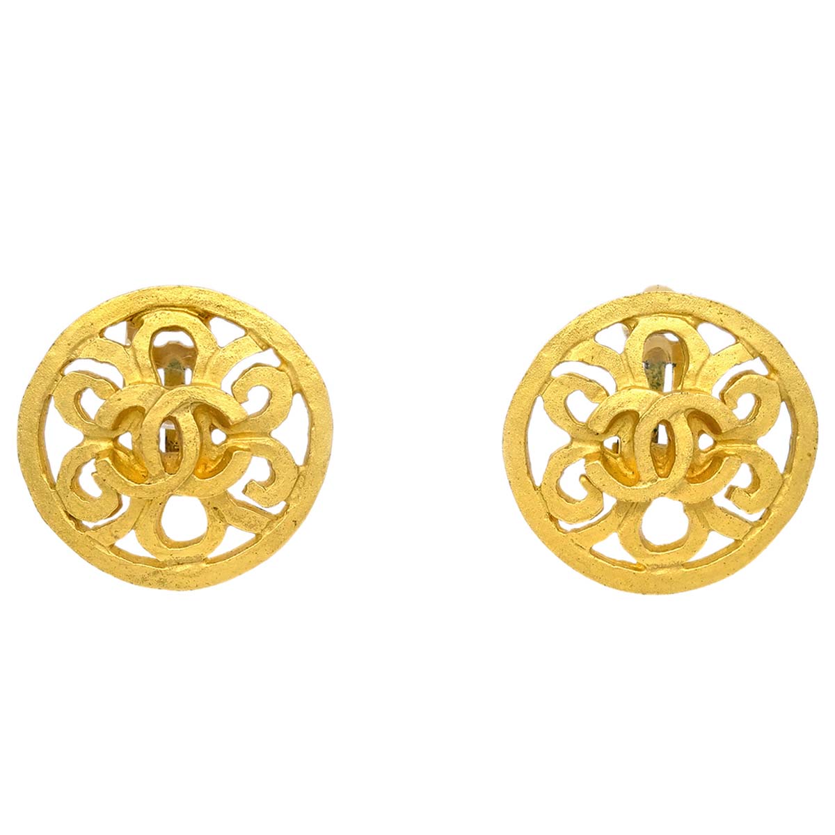 Luxury Chanel 1995 Fretwork Paisley Round Earrings Clip-On Gold