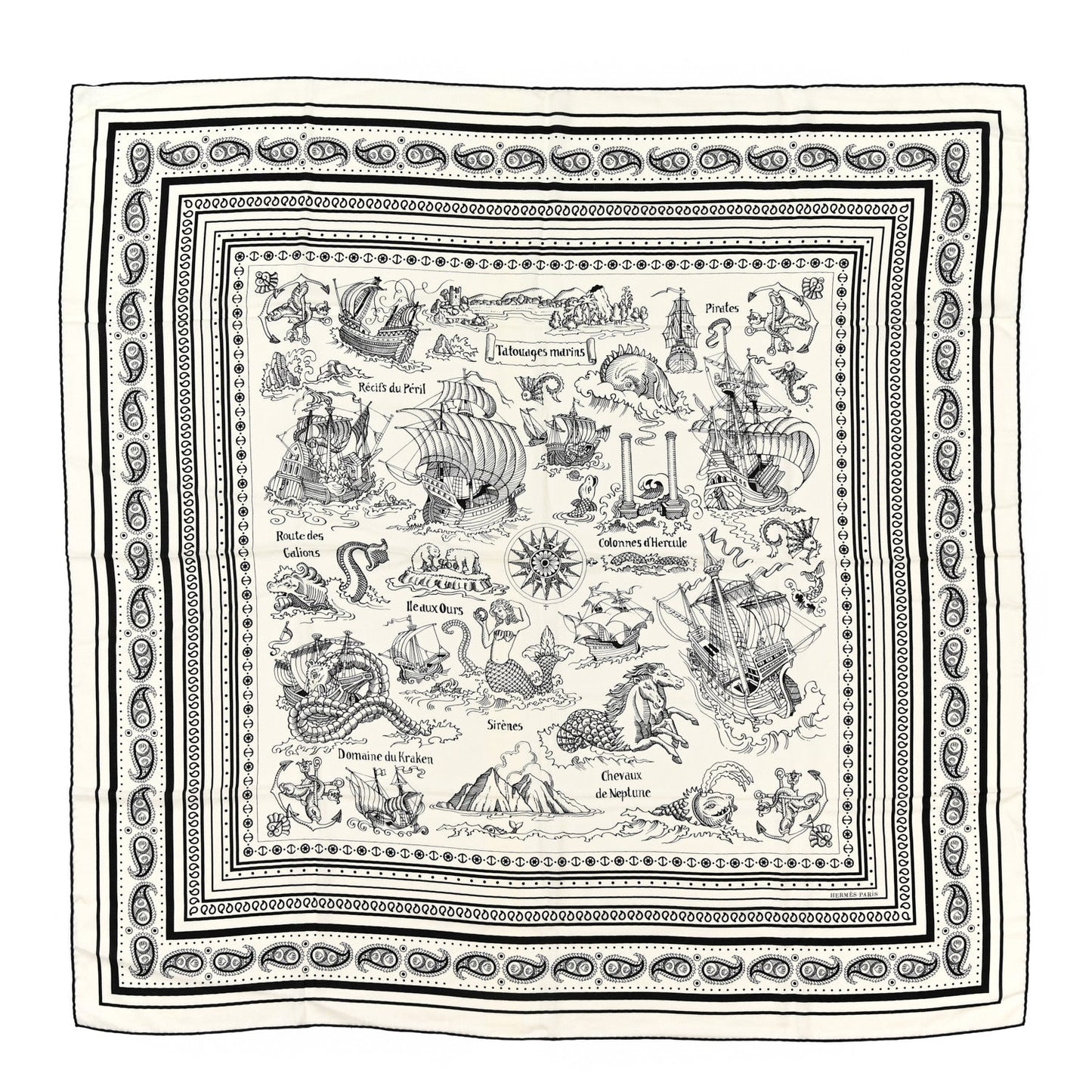 Hermes Cashmere Silk Tatouages Marins Bandana Shawl 140
