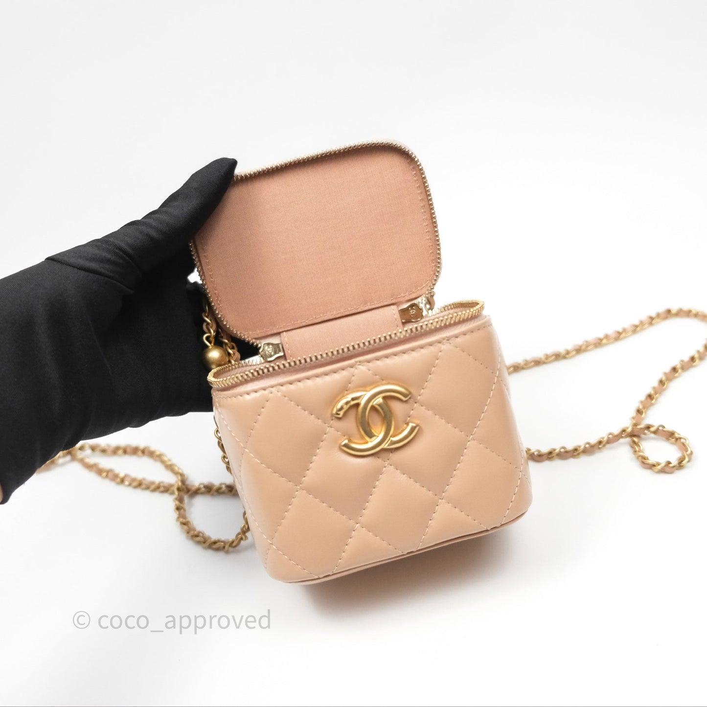 Chanel Quilted Mini Perfect Fit Vanity With Chain Beige Calfskin Aged Gold Hardware