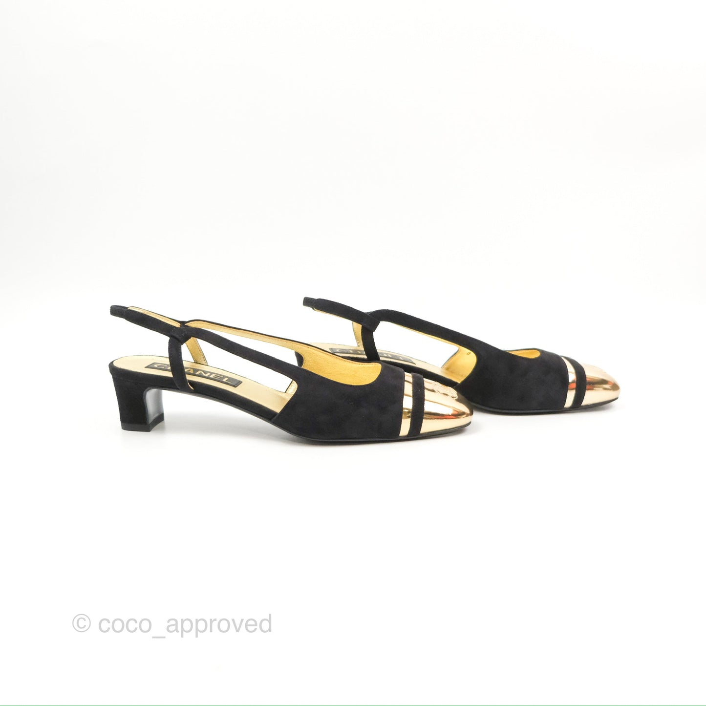 Chanel CC Slingback Heels Black Gold Size 37
