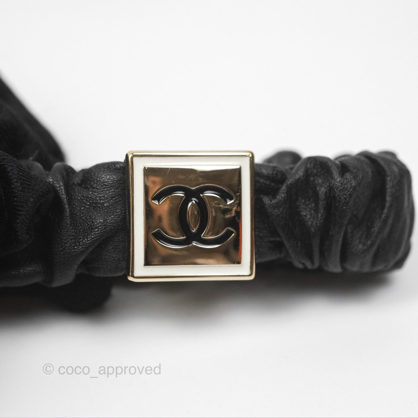 Chanel CC Black Leather Hair Accessory Gold Tone 21B