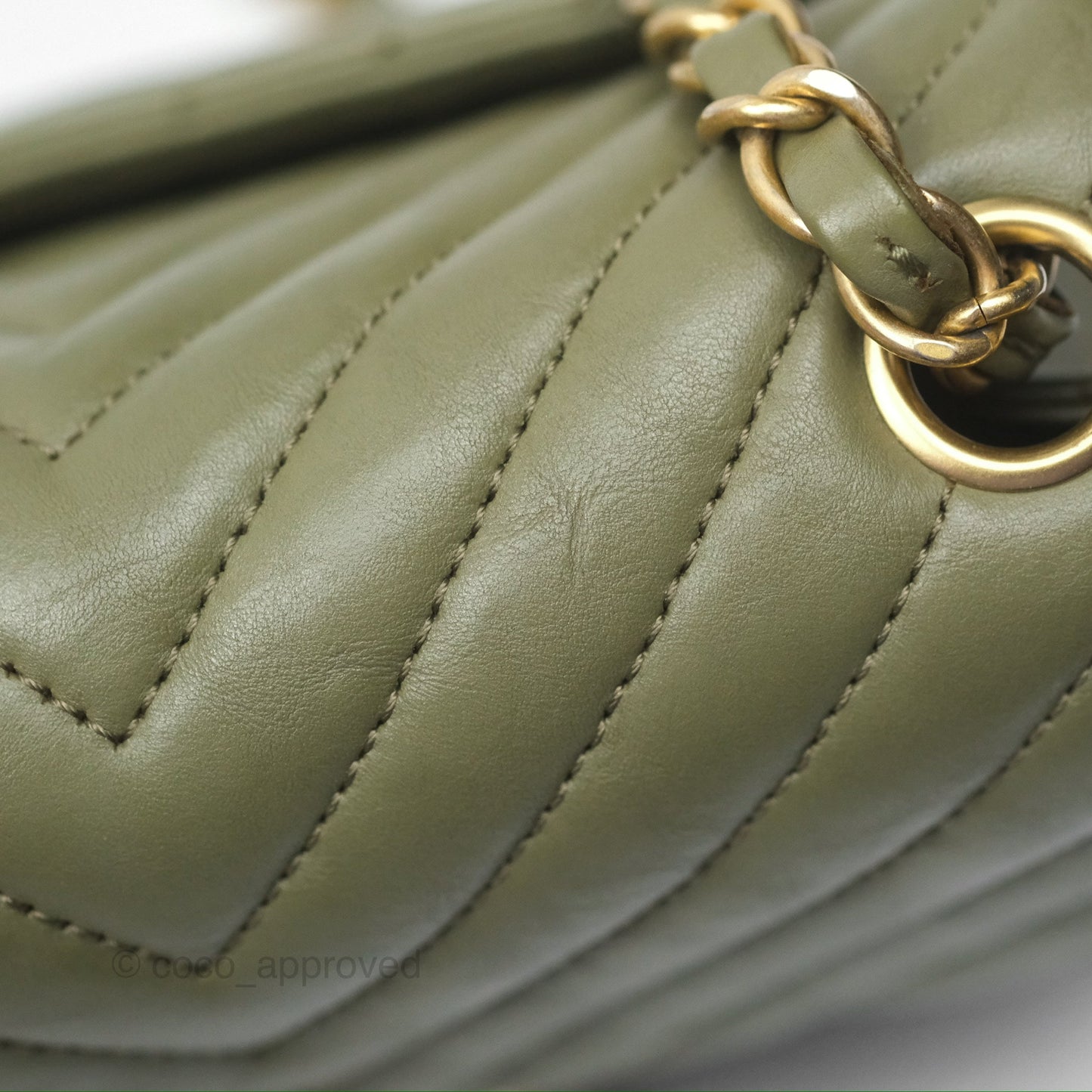 Chanel Mini Square Flap Chevron Olive Green Calfskin Gold Hardware