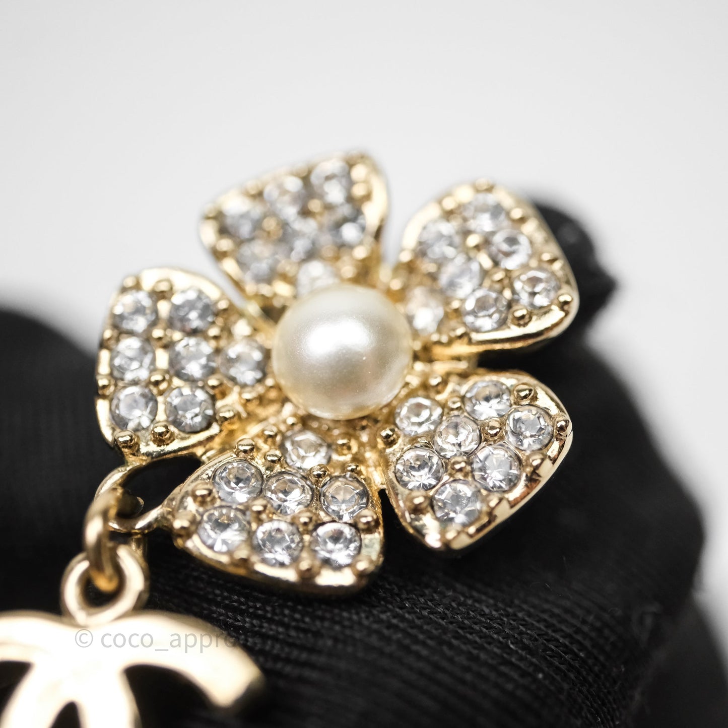 Chanel Crystals Pearl Flower Drop CC Earrings Gold Tone 23S