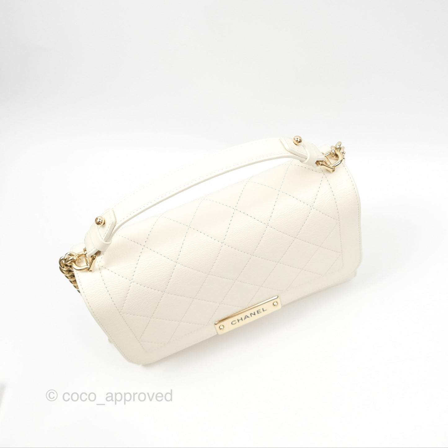 Chanel Quilted Label Click Flap Bag White Grained Calfskin Gold Hardware
