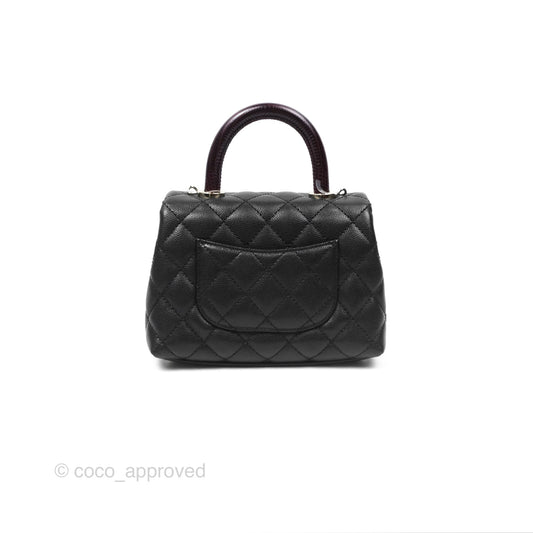 Chanel Mini Coco Handle Quilted Black Caviar Lizard Embossed Handle Gold Hardware