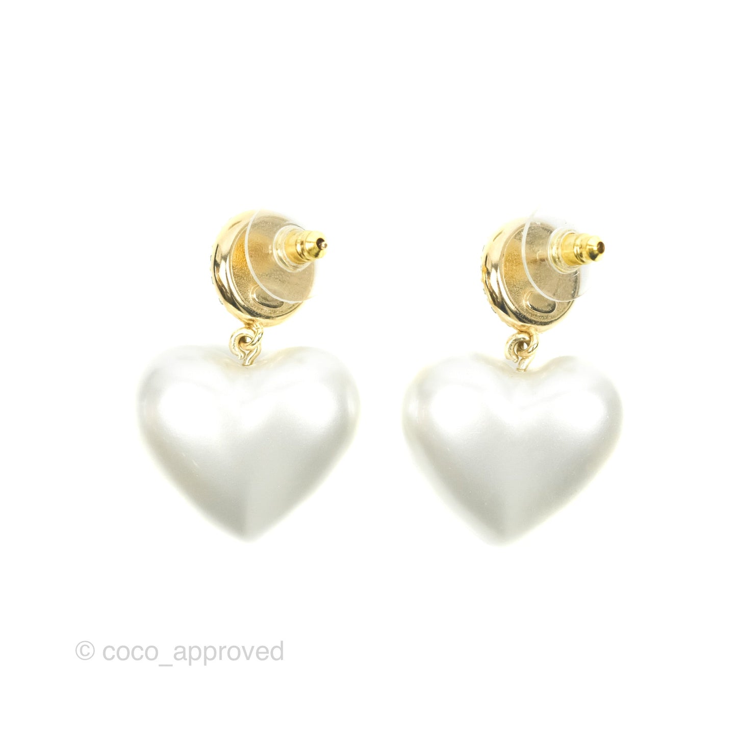 Chanel CC Pearl Heart Drop Earrings Gold Tone 21C