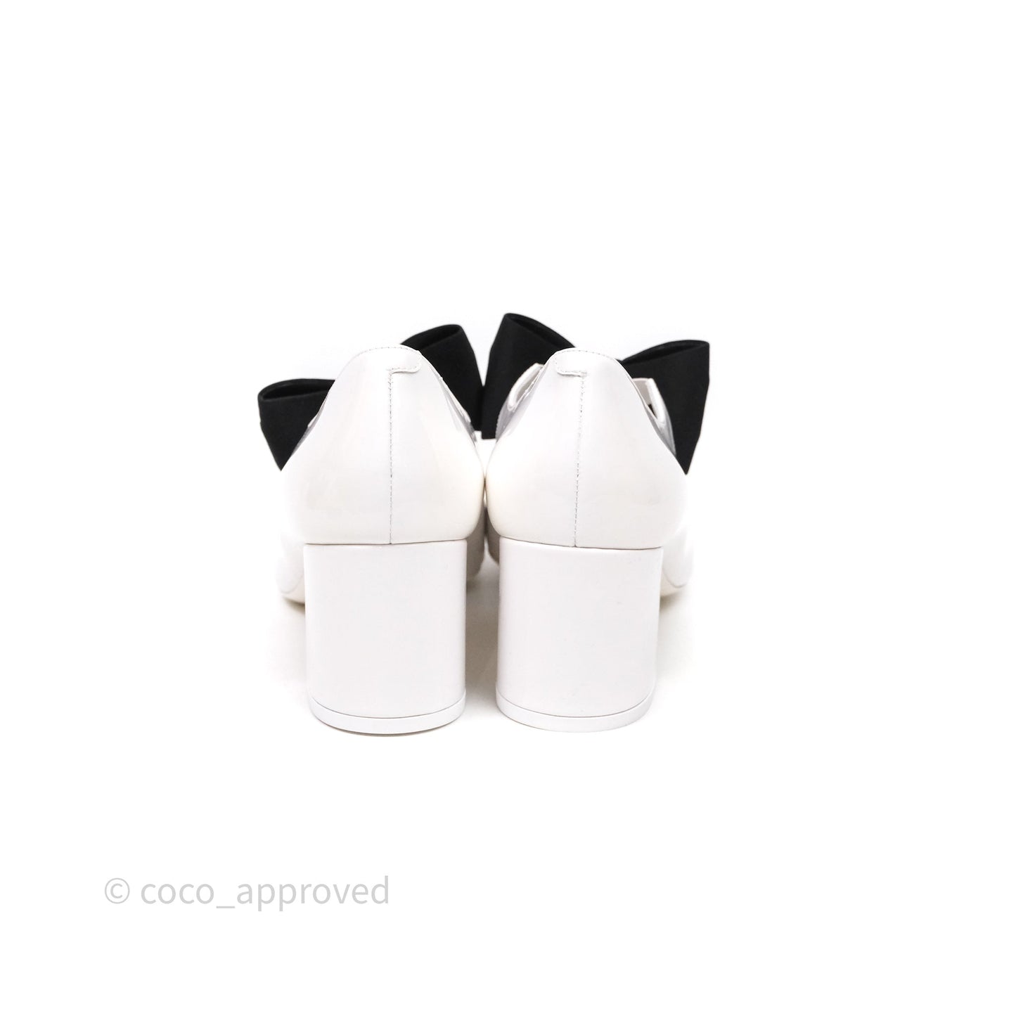 Chanel CC Ribbon Mary Jane Block Heels White Patent Size 39