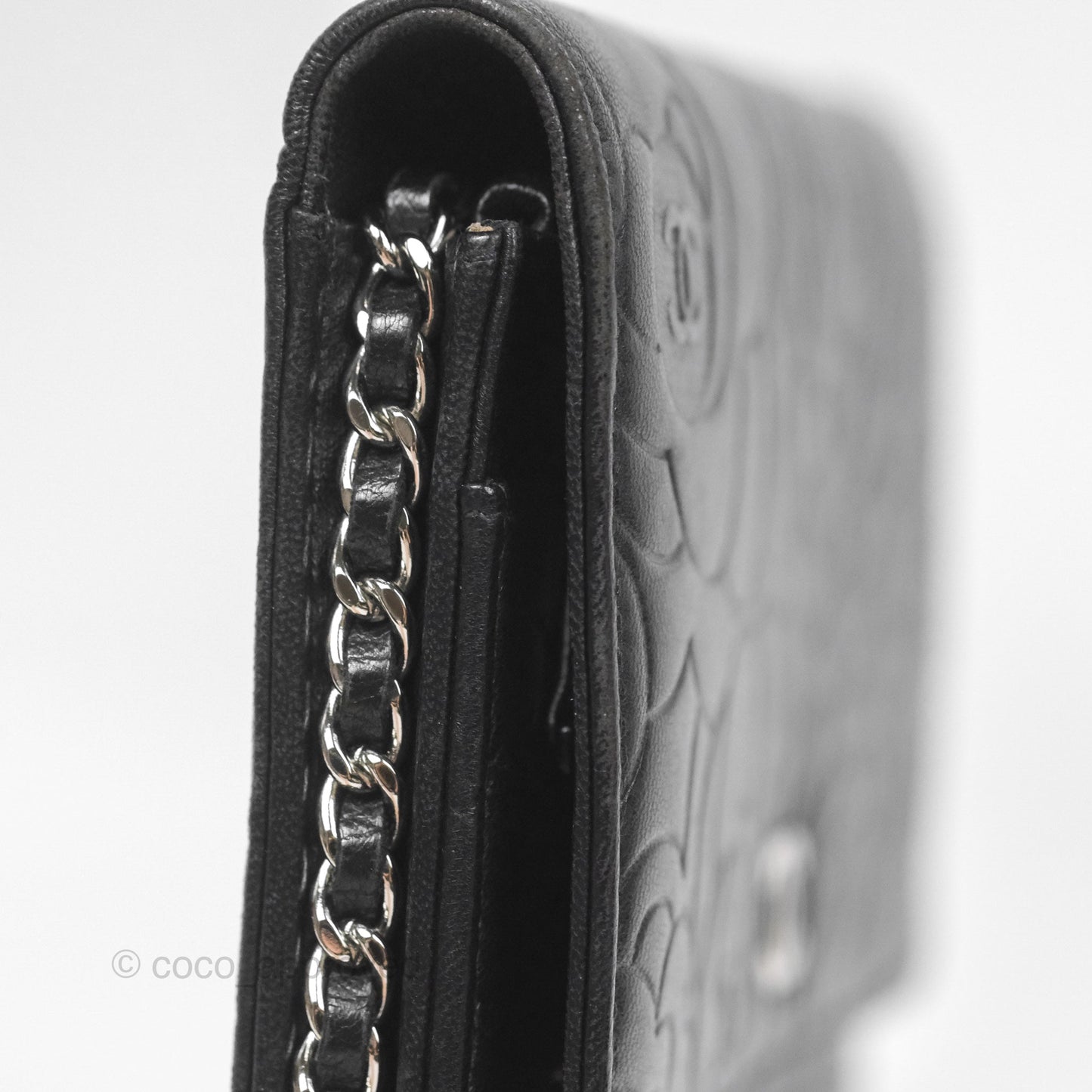 Chanel Camellia Embossed Wallet on Chain WOC Black Lambskin Silver Hardware