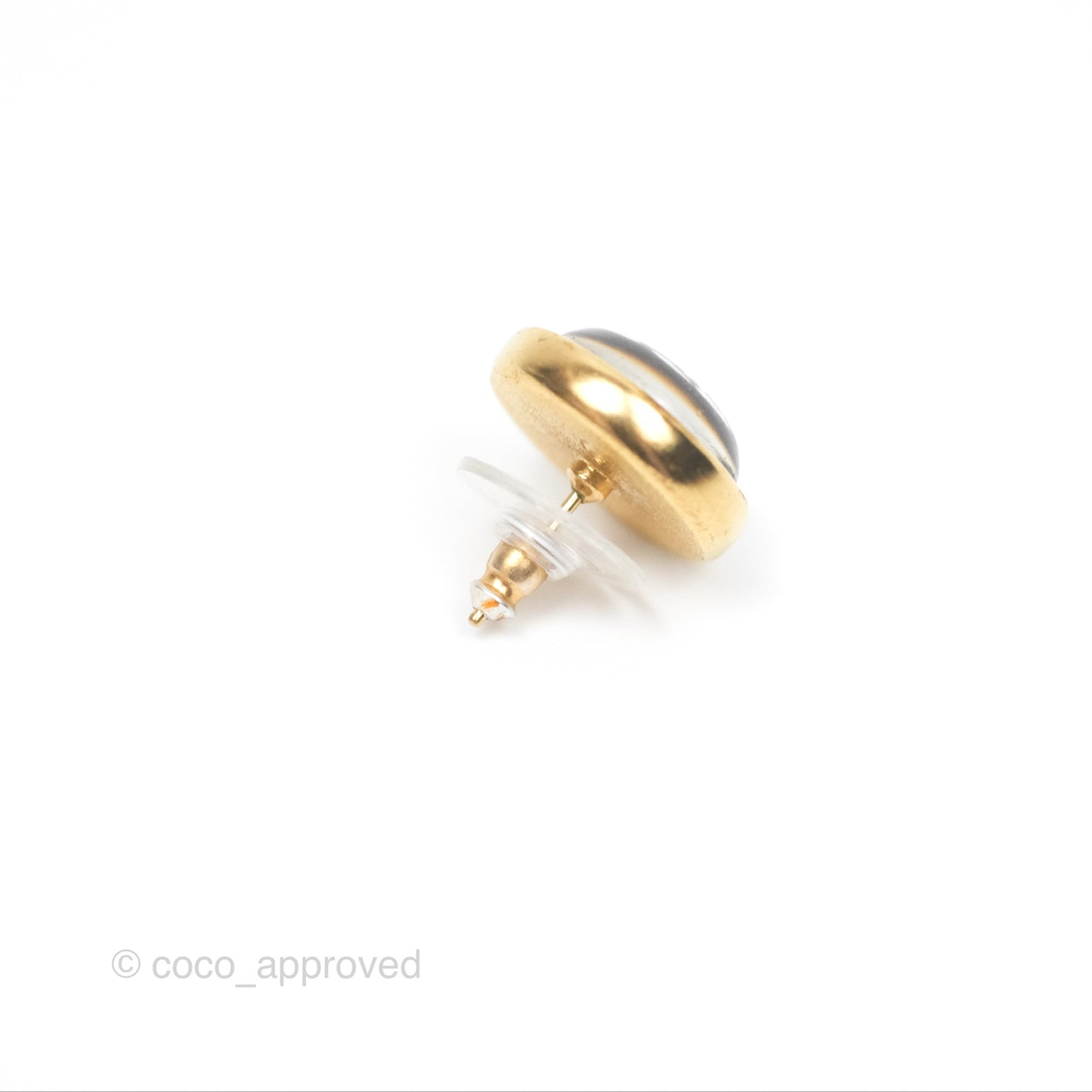 Chanel Round Black CC Perfume Bottle Earrings Gold Tone 20B