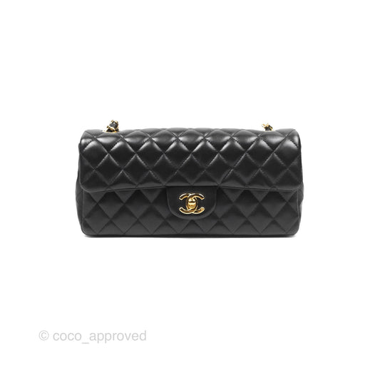 Chanel Quilted East West Flap Bag Black Lambskin Gold Hardware