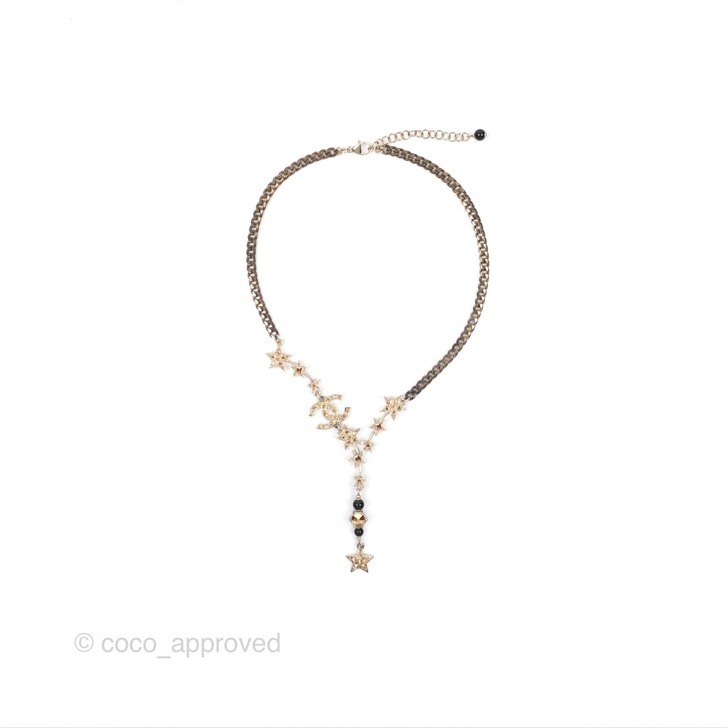 Chanel Crystal CC Star Drop Necklace Gold Tone 21S