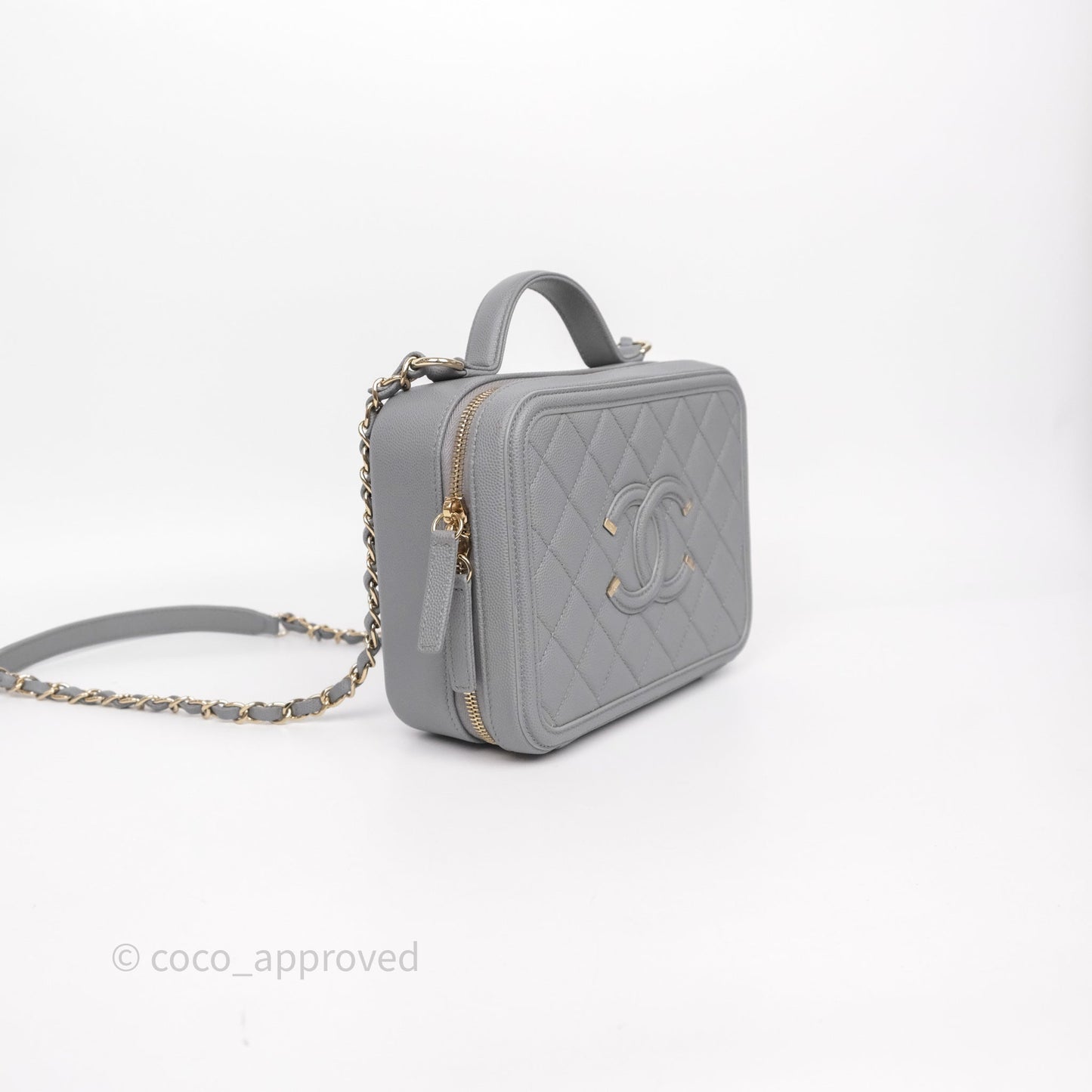 Chanel Medium CC Filigree Vanity Case Quilted Grey Caviar Gold Hardware