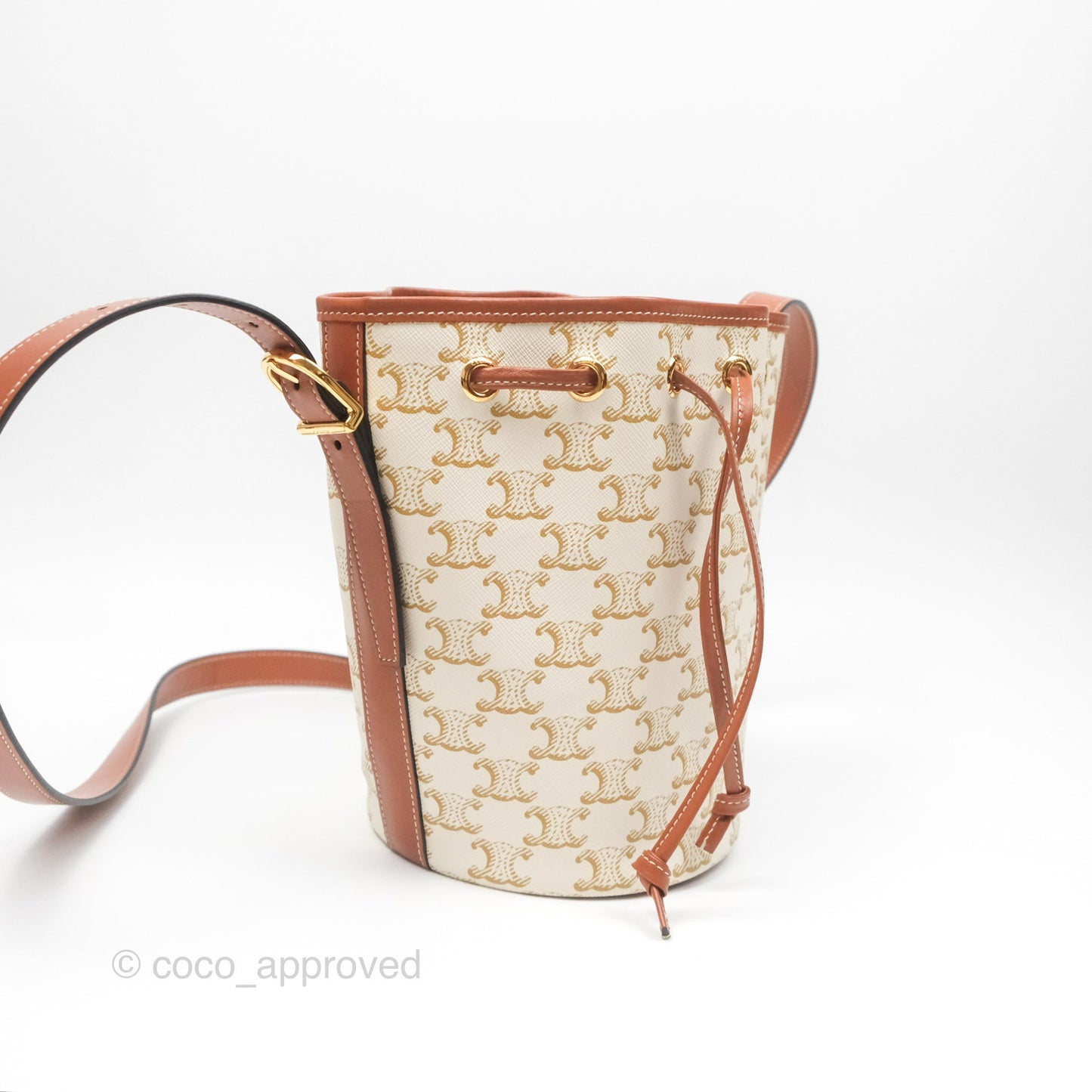 Celine Small Drawstring Bucket Bag Triomphe Canvas White Calfskin