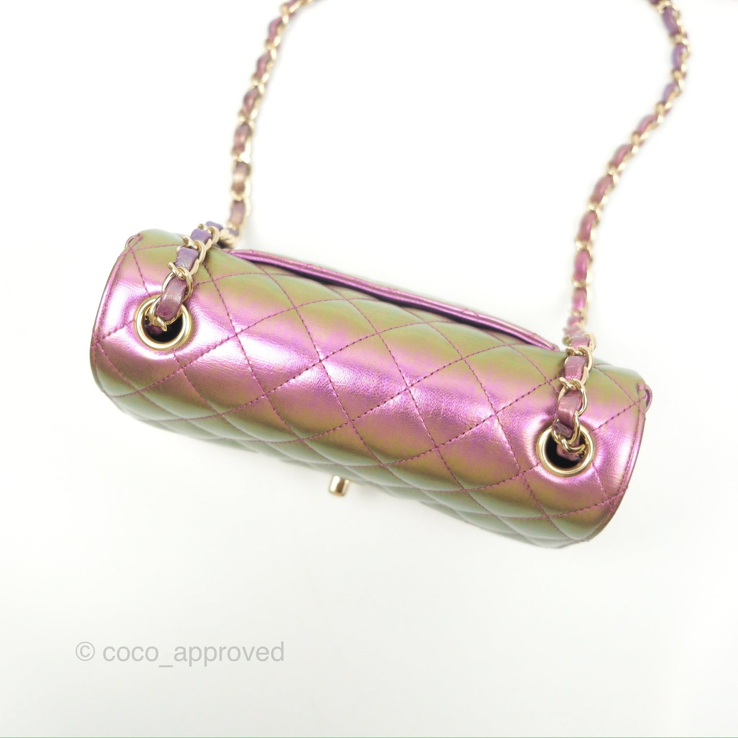 Chanel Classic Quilted Mini Rectangular Flap Metallic Purple Calfskin Gold Hardware