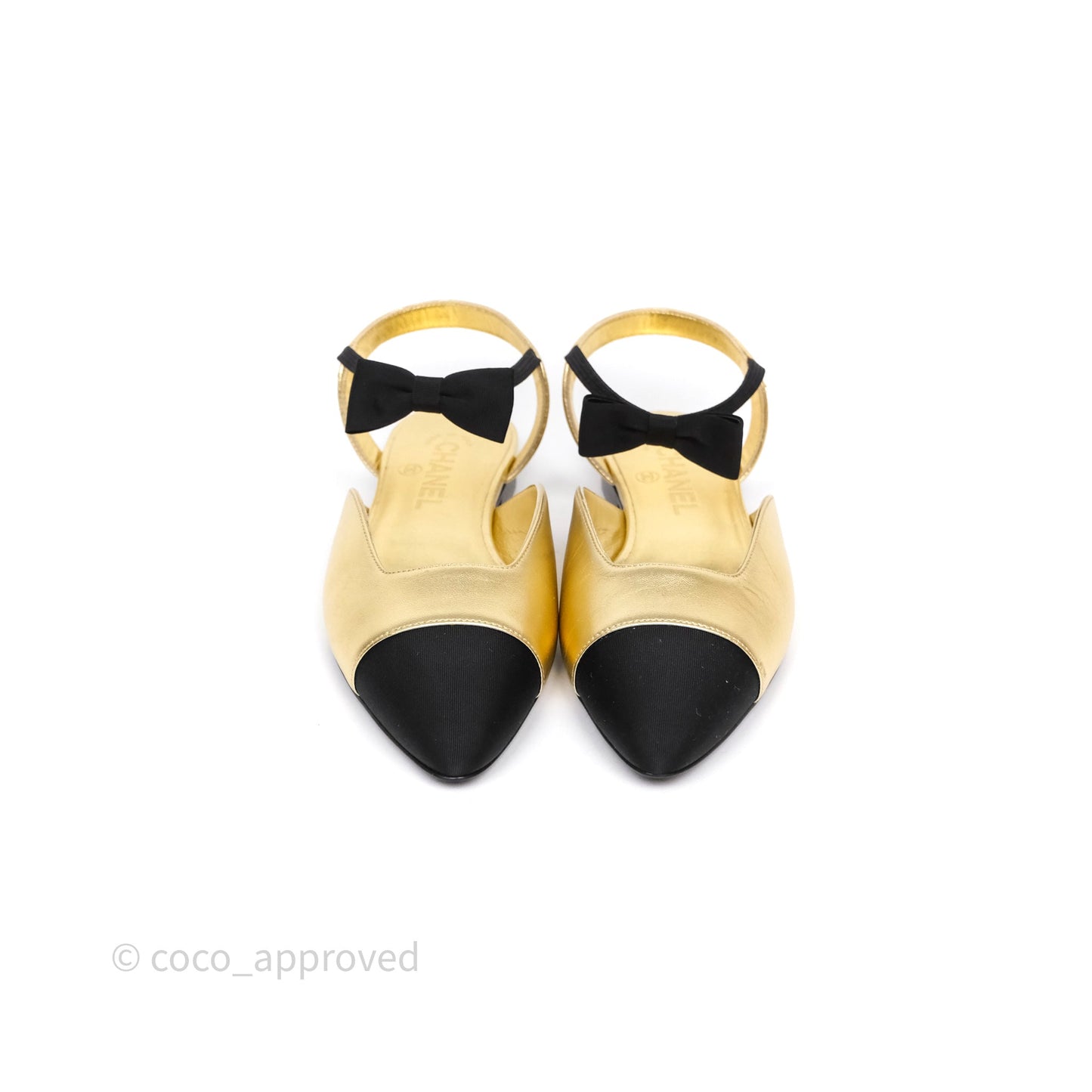 Chanel Bow Two-Tone Slingback Flats Gold/ Black Size 37.5