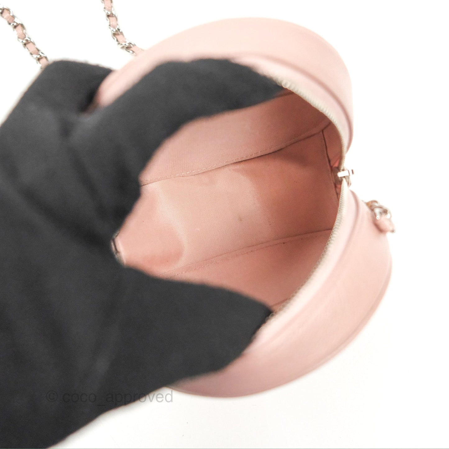 Chanel Camellia Embossed Round Clutch With Chain Iridescent Light Pink Goatskin Silver Hardware