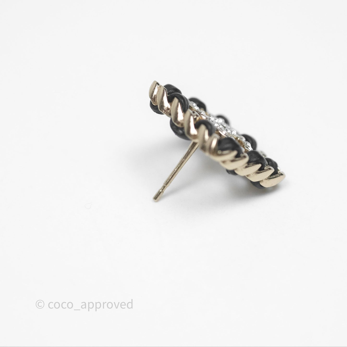 Chanel Square Crystal CC Braided Black Leather Earrings Gold Tone 20B