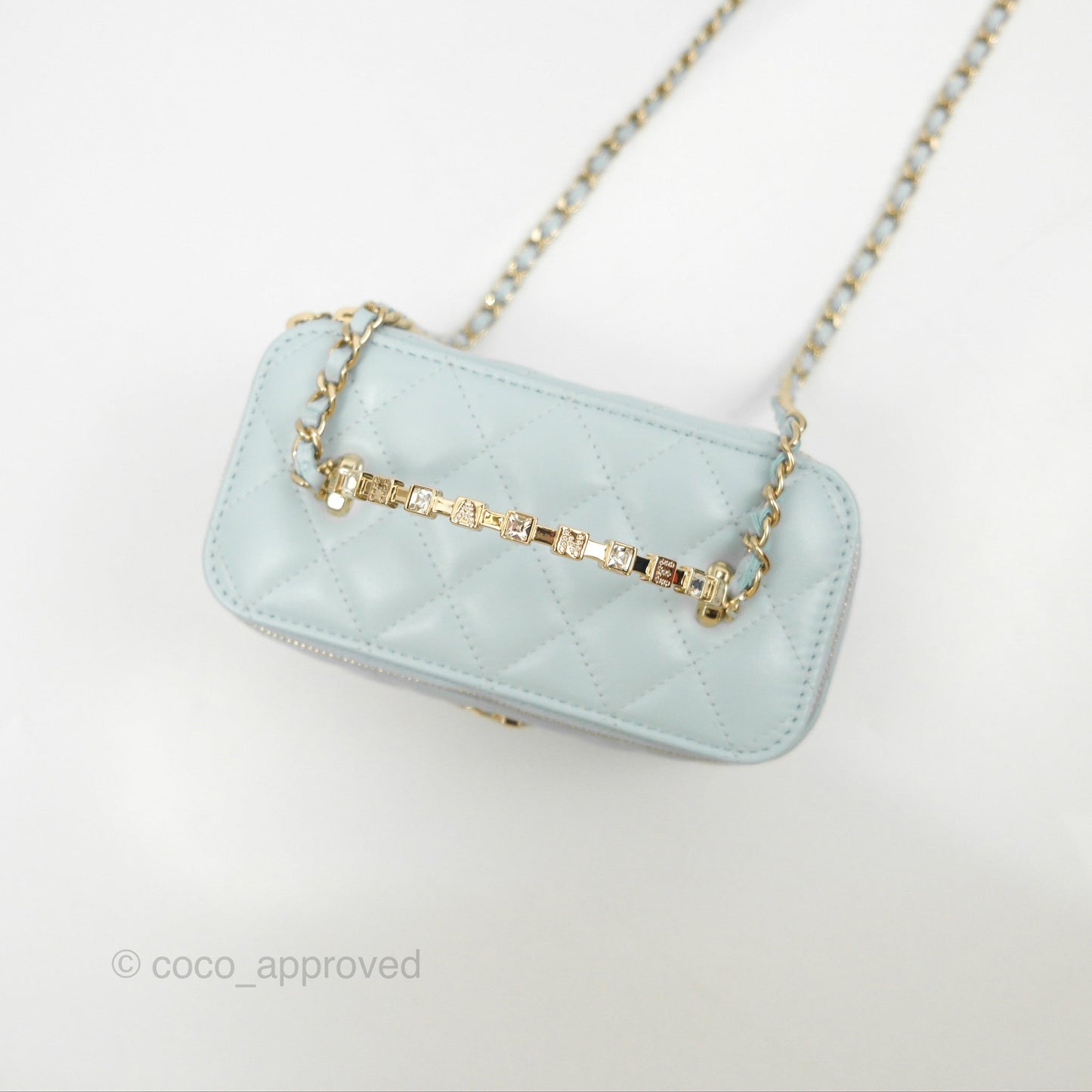 Chanel Vanity Rectangular Logo Crystal Top Handle Light Blue Lambskin Gold Hardware
