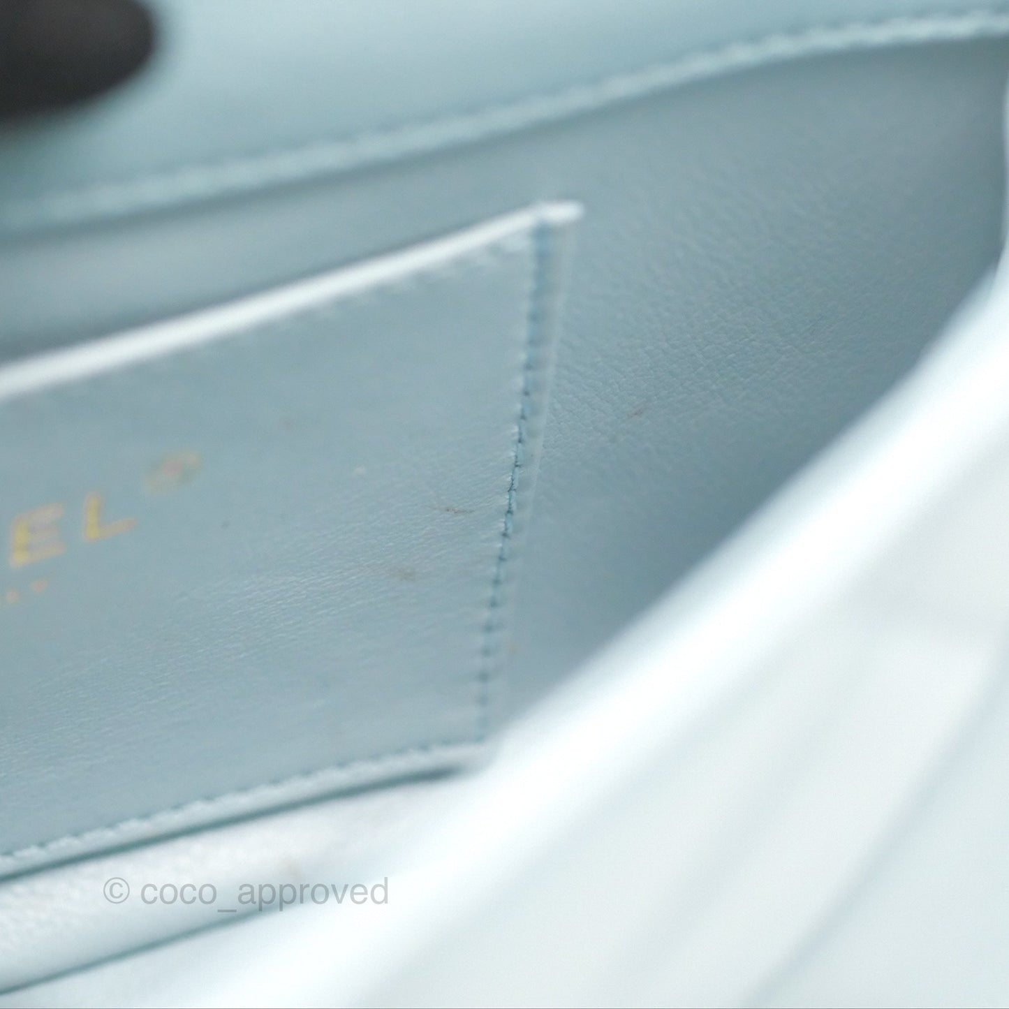 Chanel Quilted Enamel Pending CC Mini Square Flap Baby Blue Lambskin 22P