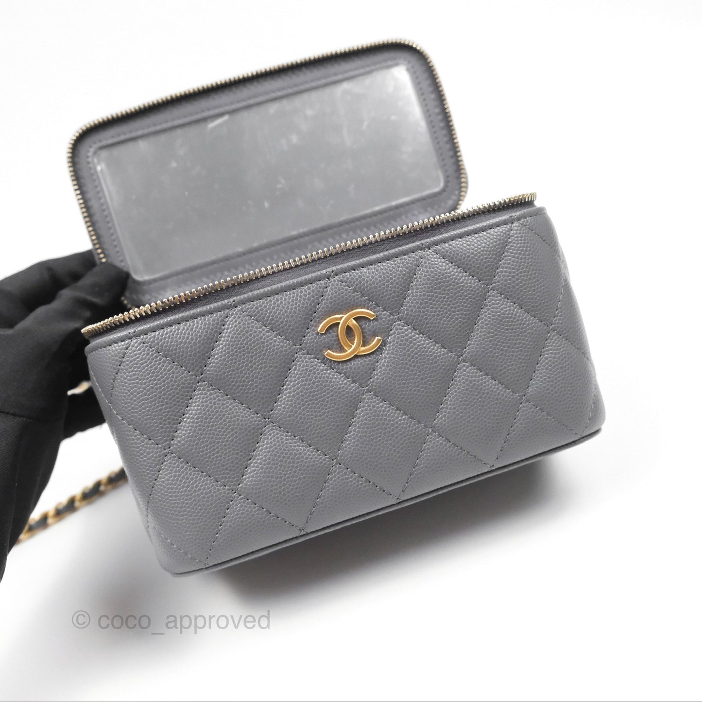Chanel Vanity Rectangular with Top Handle Grey Caviar Aged Gold Hardware 24A