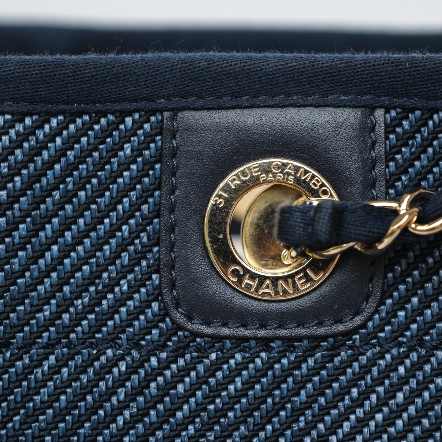 Chanel Medium Deauville Tote Navy Raffia Gold Hardware