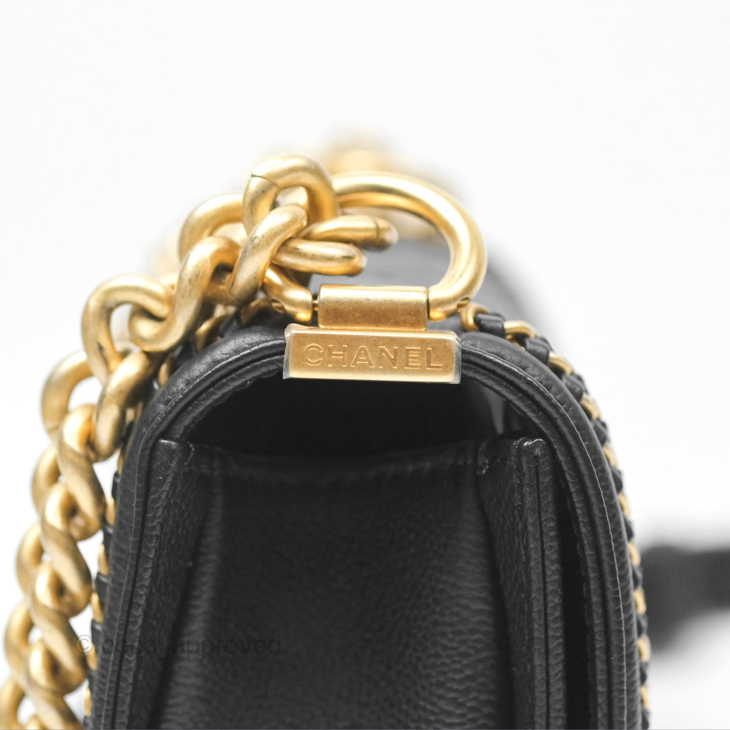 Chanel Small Chain Around Boy Quilted Black Caviar Aged Gold Hardware