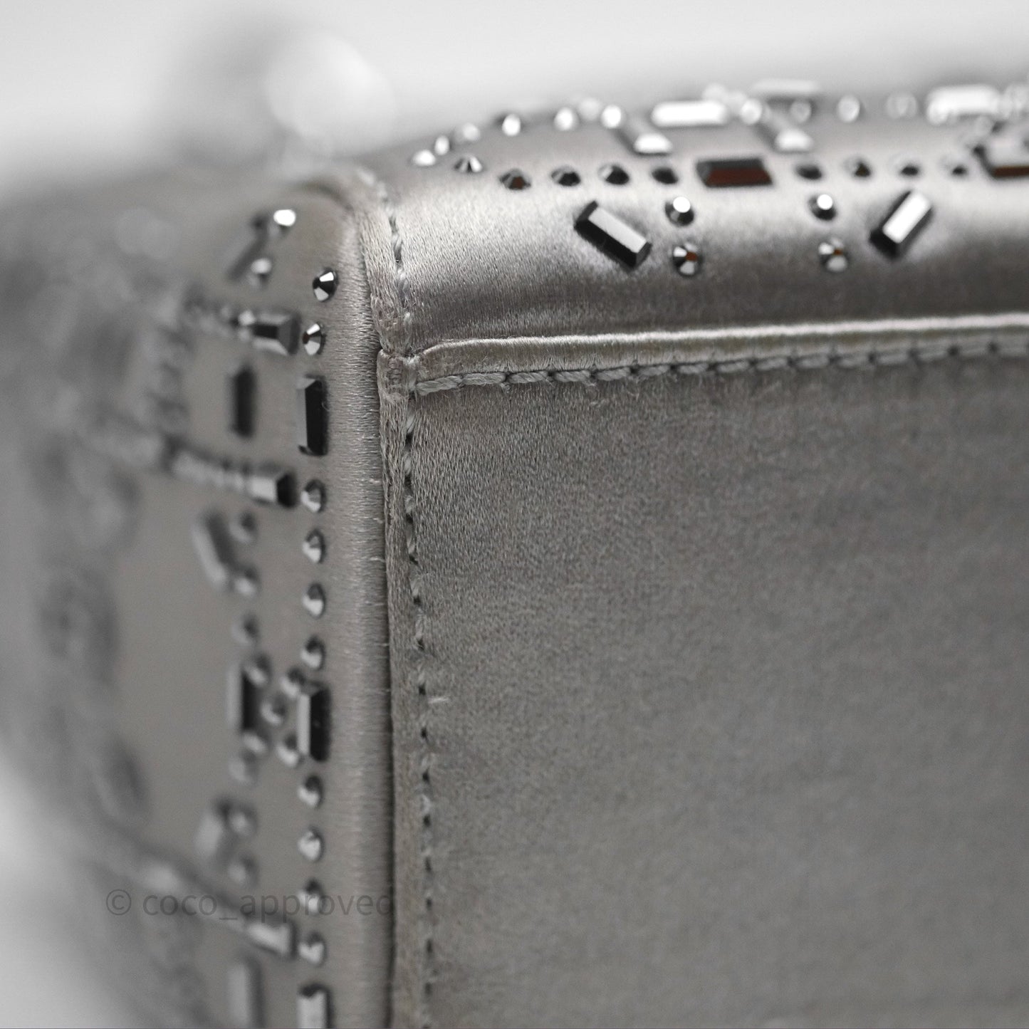 Christian Dior Mini Lady Dior Bag Grey Strass Cannage Satin Silver Hardware