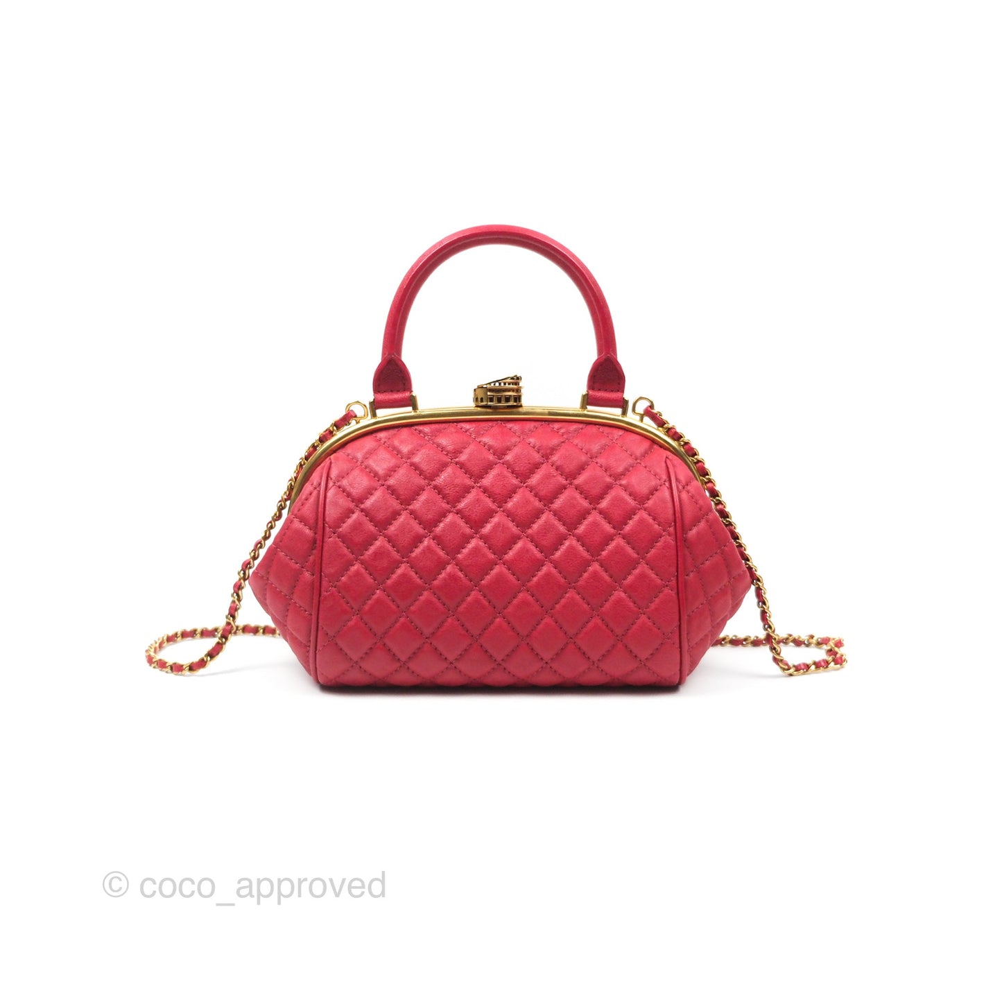 Chanel Quilted Kisslock Handbag With Chain Red Calfskin Gold Hardware