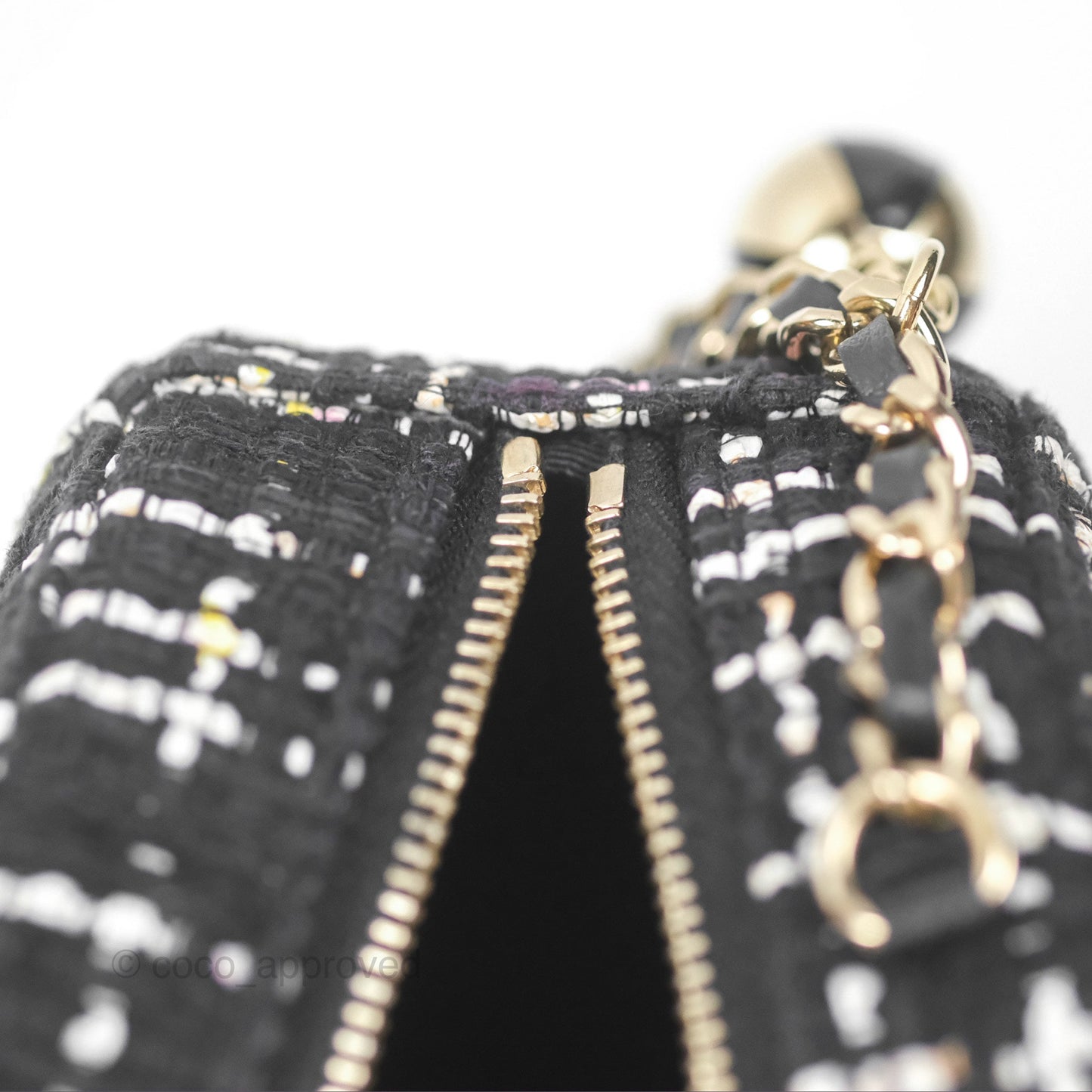 Chanel Classic Quilted Round Clutch With Chain Black Tweed Gold Hardware