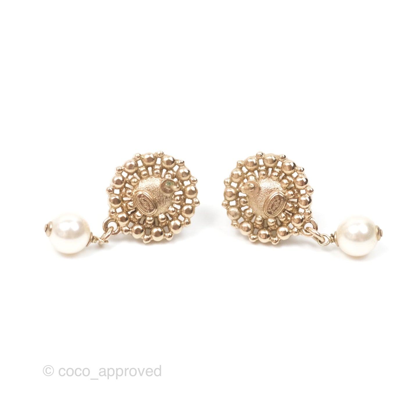 Chanel CC Crystal Pearl Drop Earrings Gold Tone 19B