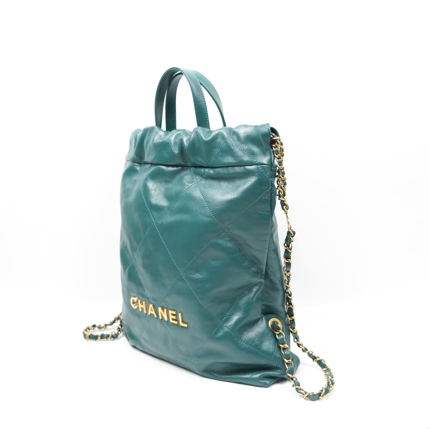 Chanel 22 Small Quilted Backpack Green Shiny Calfskin