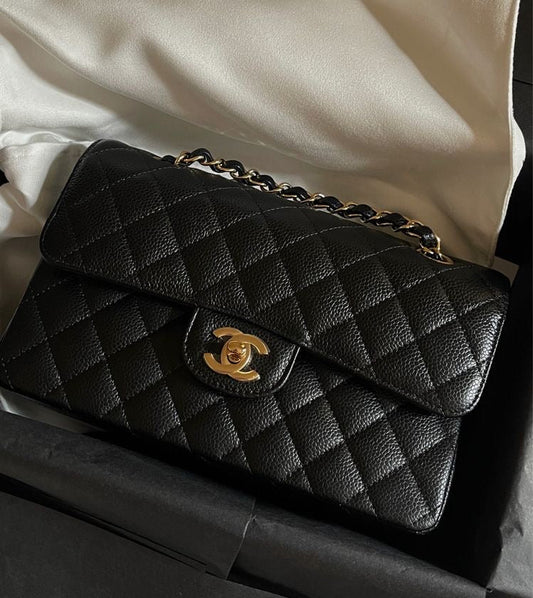 Luxury Chanel Small Classic Handbag Grained Calfskin & Gold-Tone Metal Black