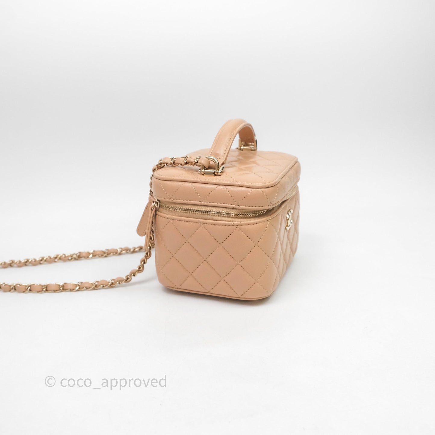 Chanel Top Handle Vanity With Chain Beige Lambskin Aged Gold Hardware