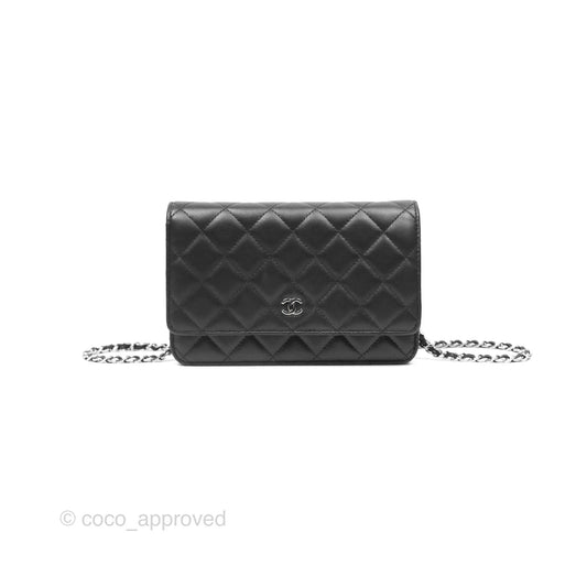 Chanel Quilted Classic Wallet on Chain WOC Black Lambskin Silver Hardware