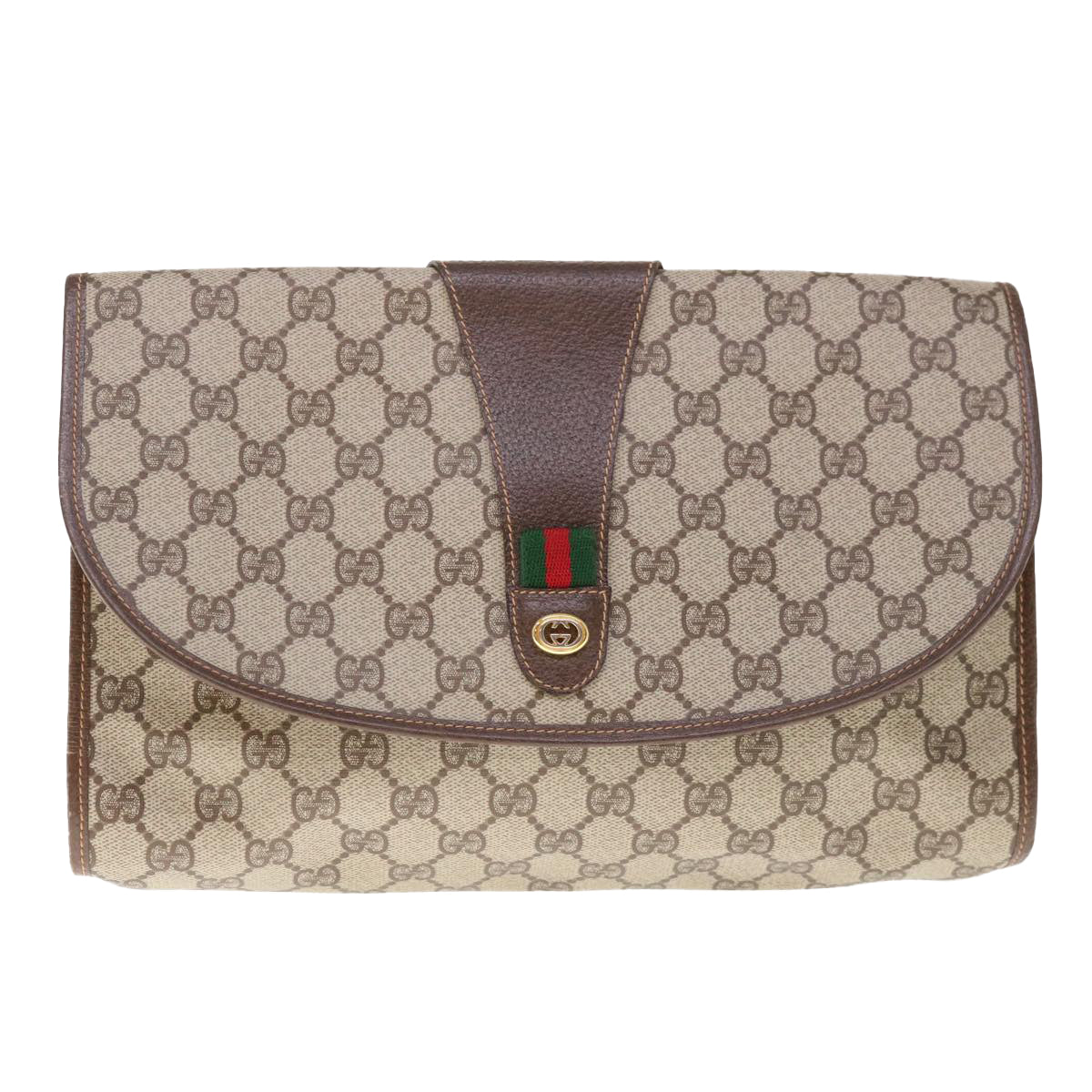GUCCI GG Supreme Web Sherry Line Clutch Bag PVC Beige Red 156 01 031  65626