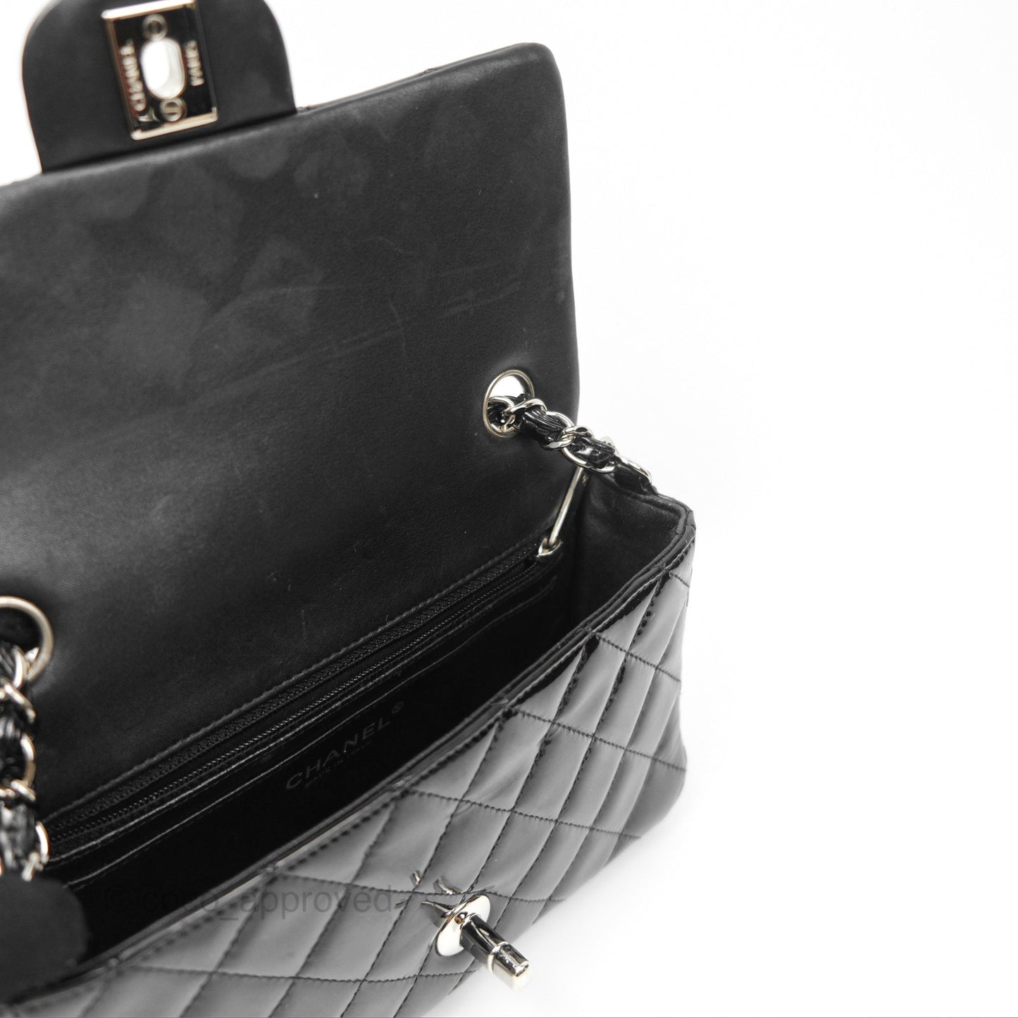 Chanel Quilted Mini Rectangular Flap Black Patent Silver Hardware