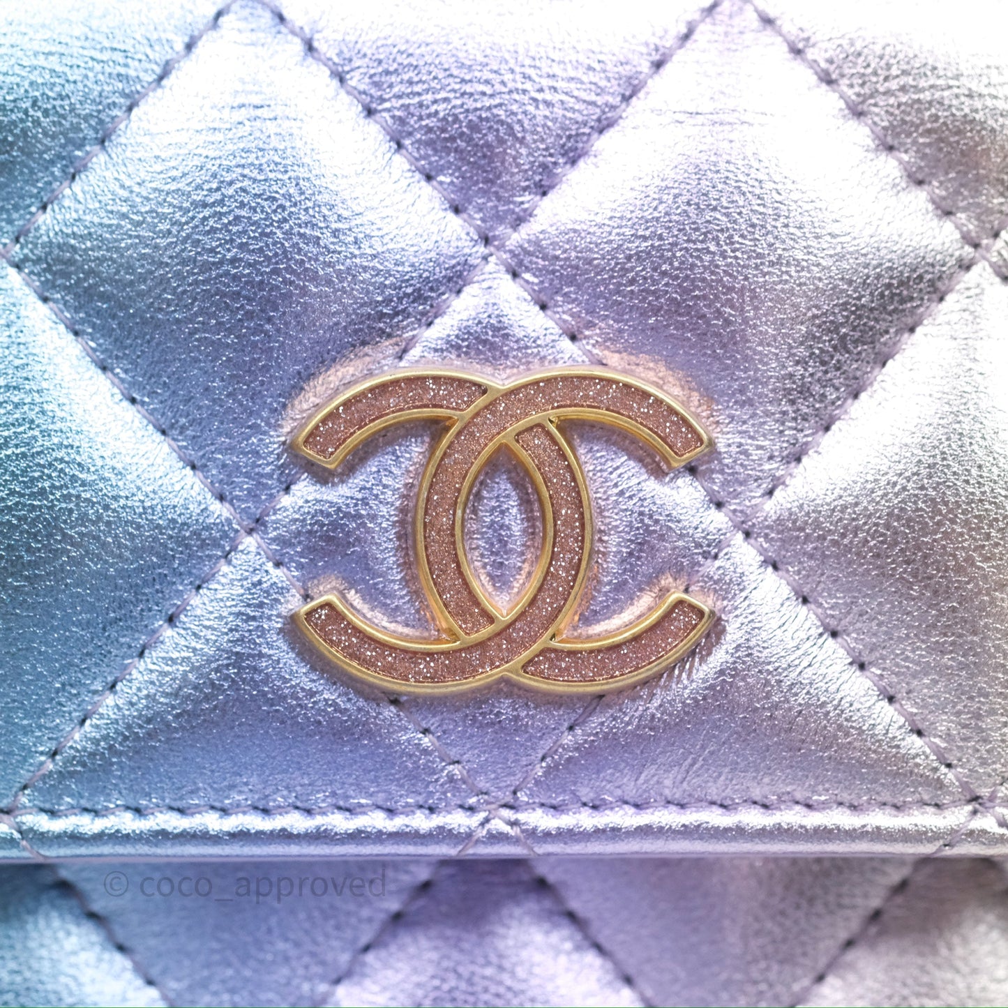 Chanel Quilted Phone Holder with Chain Metallic Rainbow Lambskin Aged Gold Hardware 24C