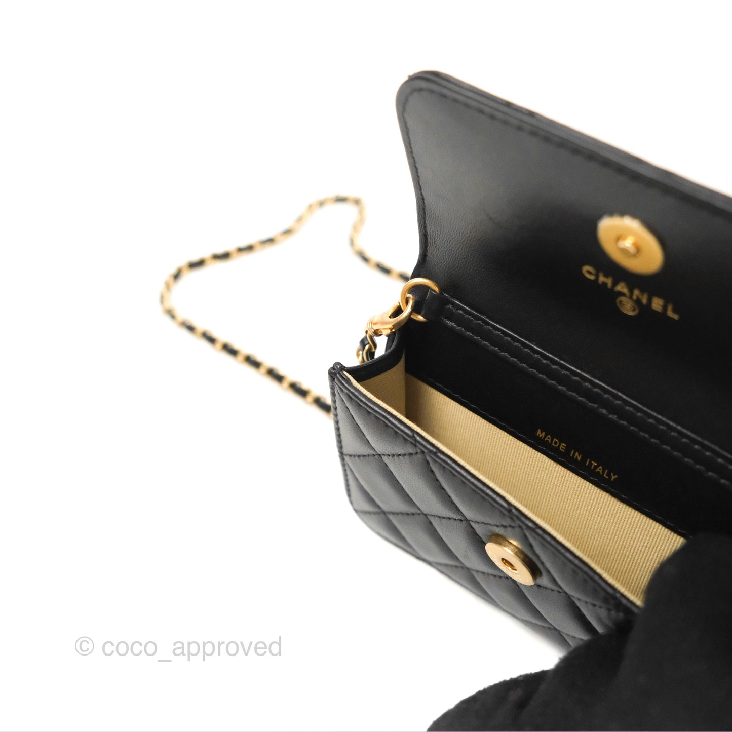 Chanel Pearl Crush Mini Clutch With Chain Black Lambskin Aged Gold Hardware