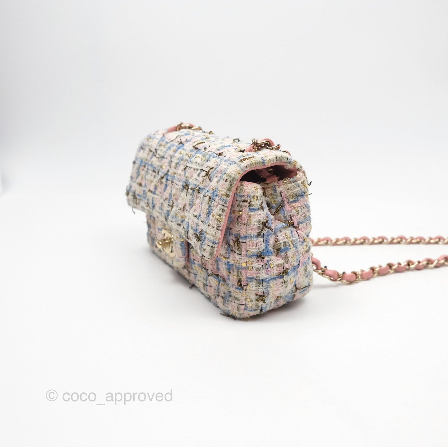 Chanel Mini Rectangular Flap Pink/ Blue/ Gold Tweed Gold Hardware