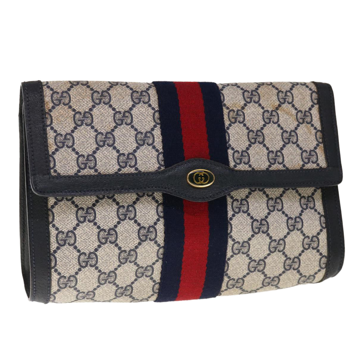 GUCCI GG Supreme Sherry Line Clutch Bag PVC Navy Red 89 01 006  65742
