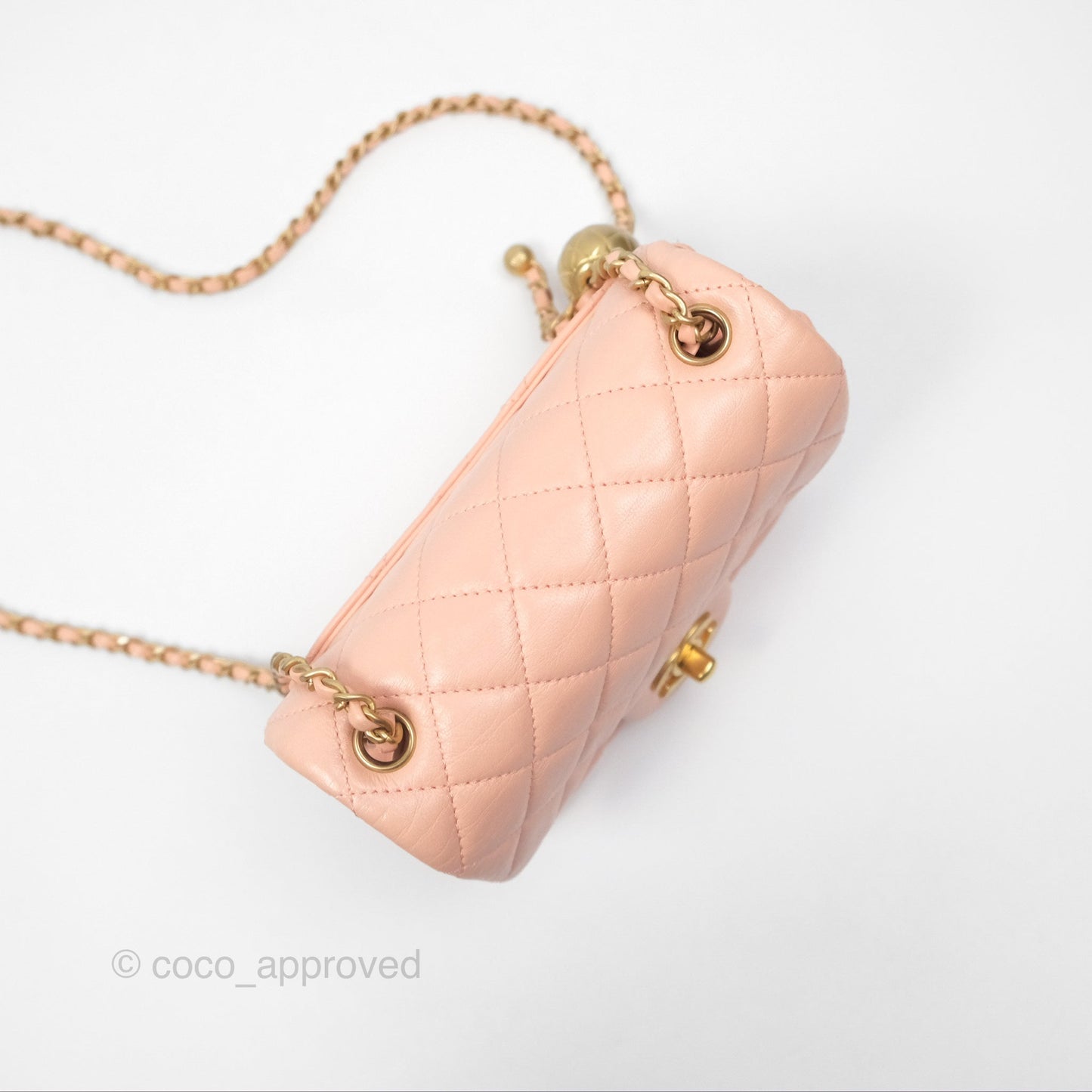 Chanel Pearl Crush Mini Square Quilted Peach Beige Lambskin Aged Gold Hardware