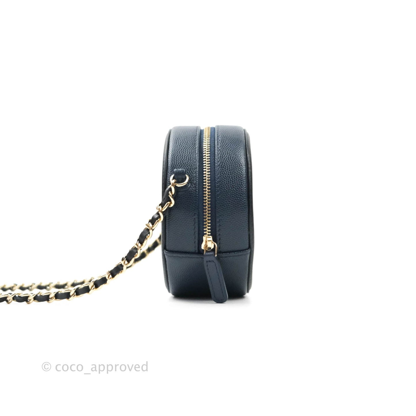 Chanel Quilted Round Filigree Clutch With Chain Navy Black Caviar Gold Hardware