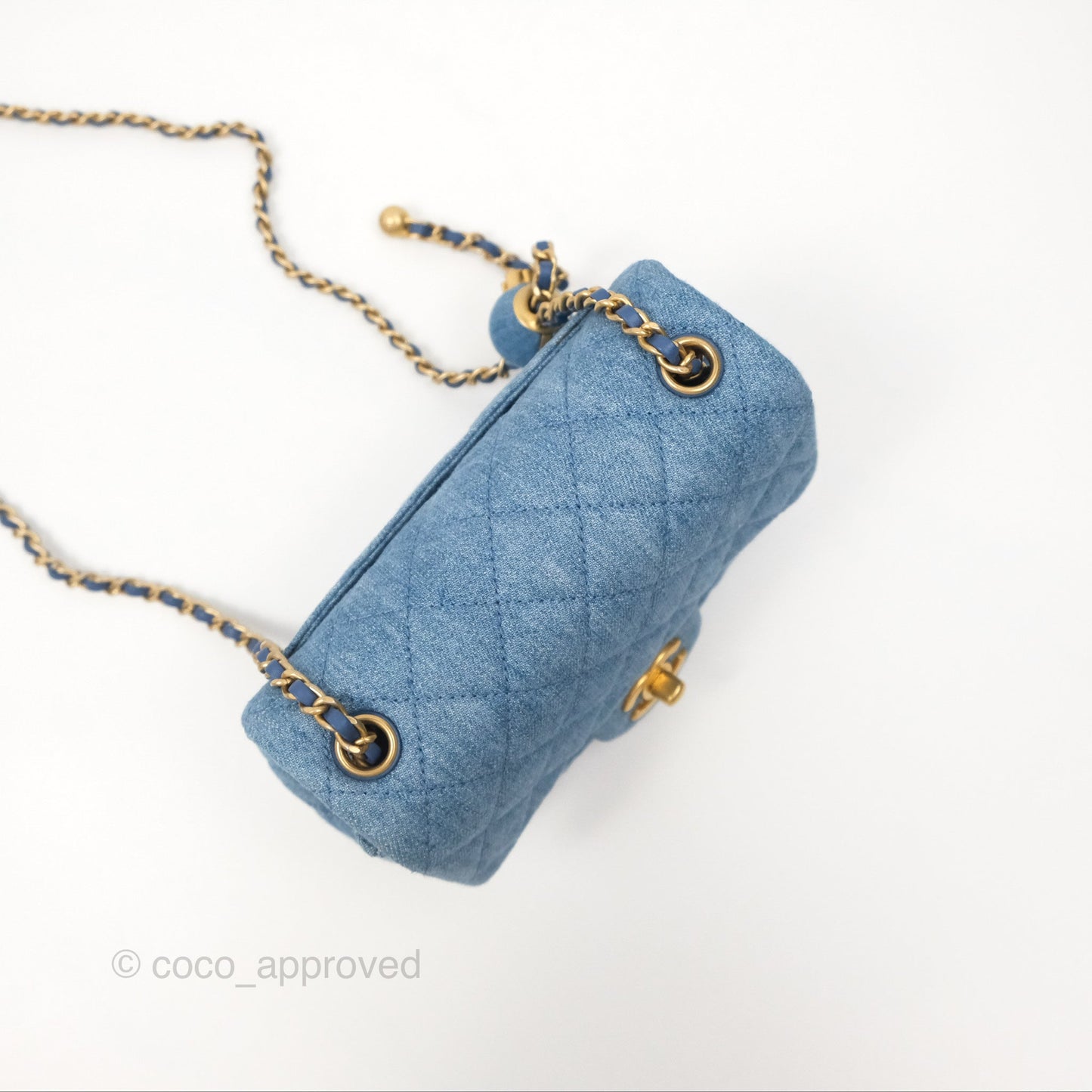 Chanel Mini Square Pearl Crush Quilted Denim Aged Gold Hardware