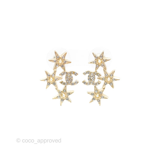 Chanel Crystal CC Star Earrings Gold Tone 15A