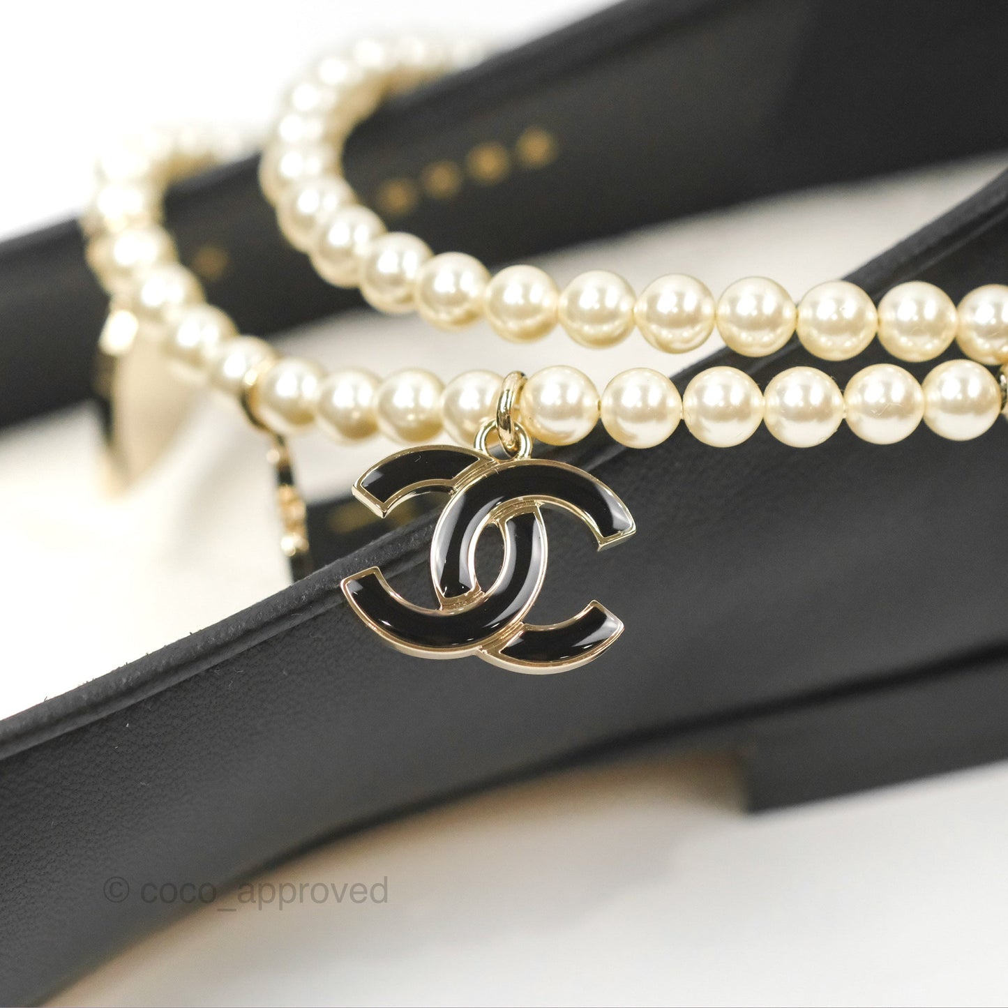 Chanel Ankle Double Pearl Pendant Flat Ballerinas Black Lambskin Size 37