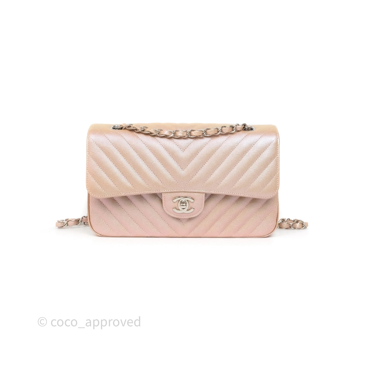 Chanel Classic Medium Double Flap Chevron Iridescent Rose Gold Pink Caviar 17B