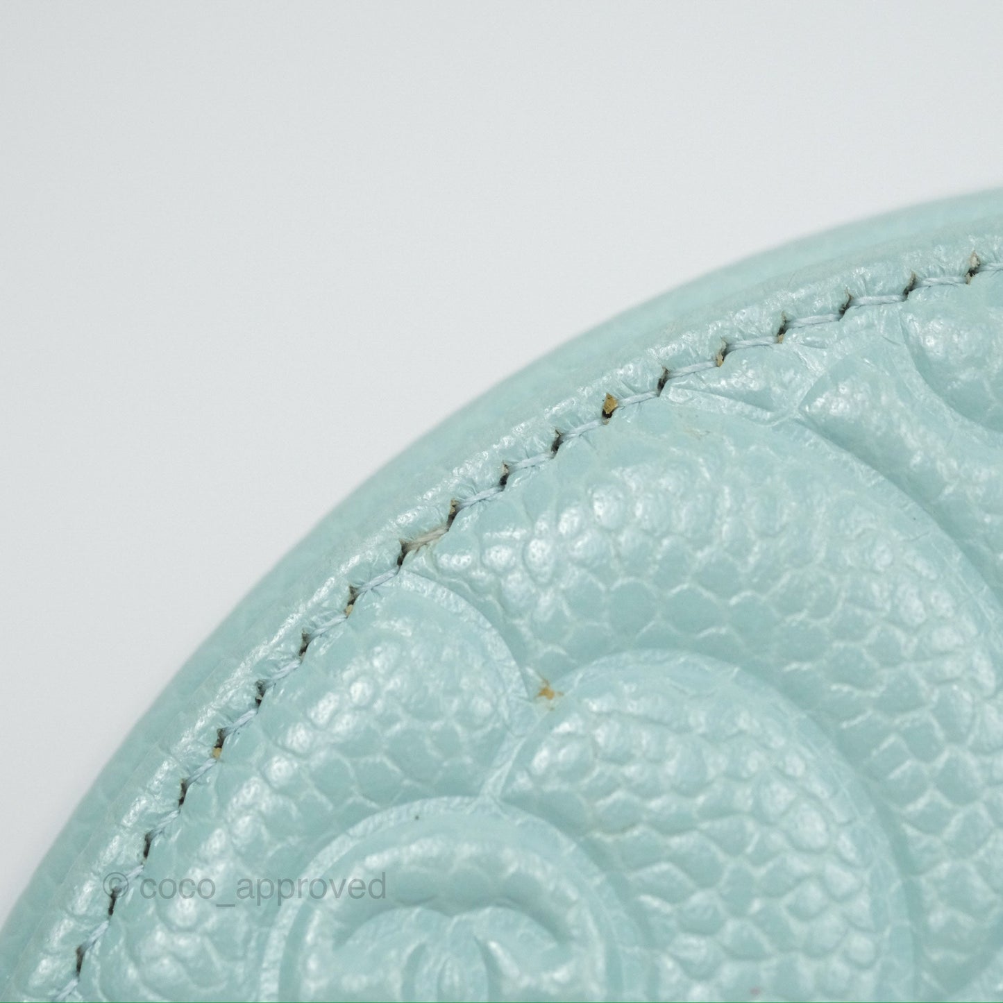 Chanel Camellia Embossed Round Clutch With Chain Light Tiffany Blue Caviar