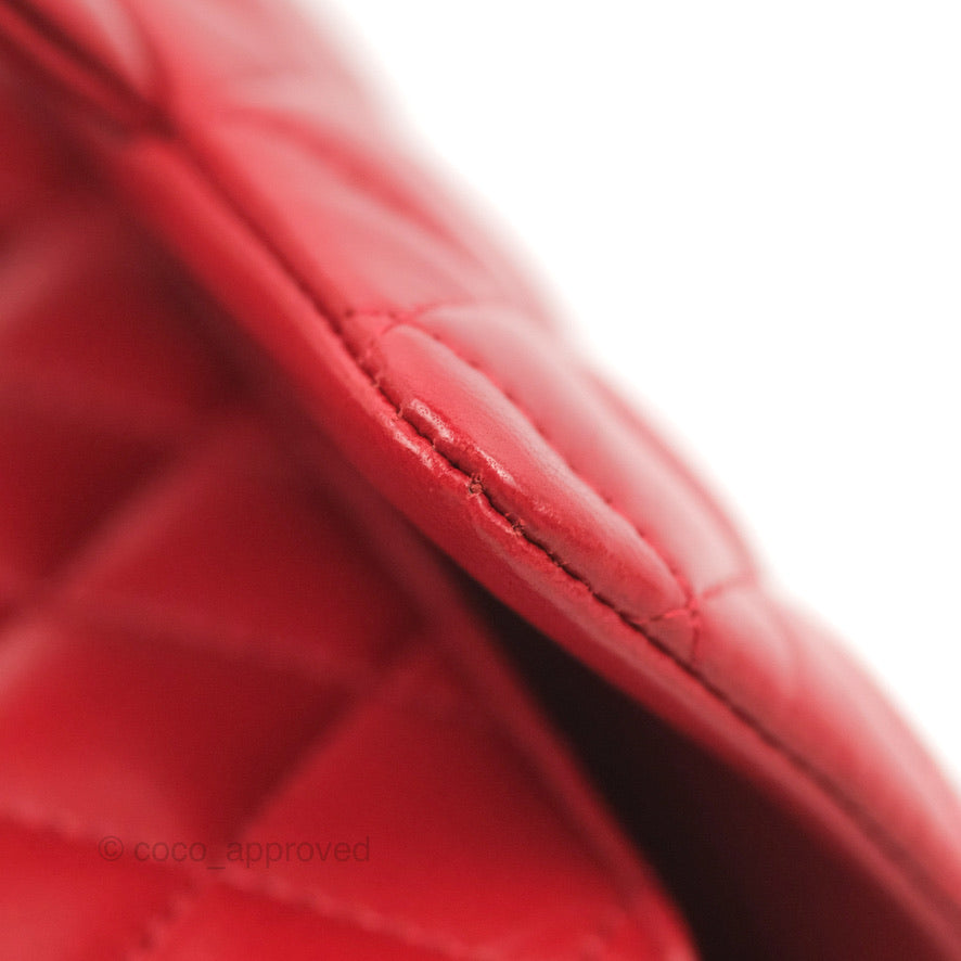 Chanel Quilted Mini Square Red Lambskin Gun Metal
