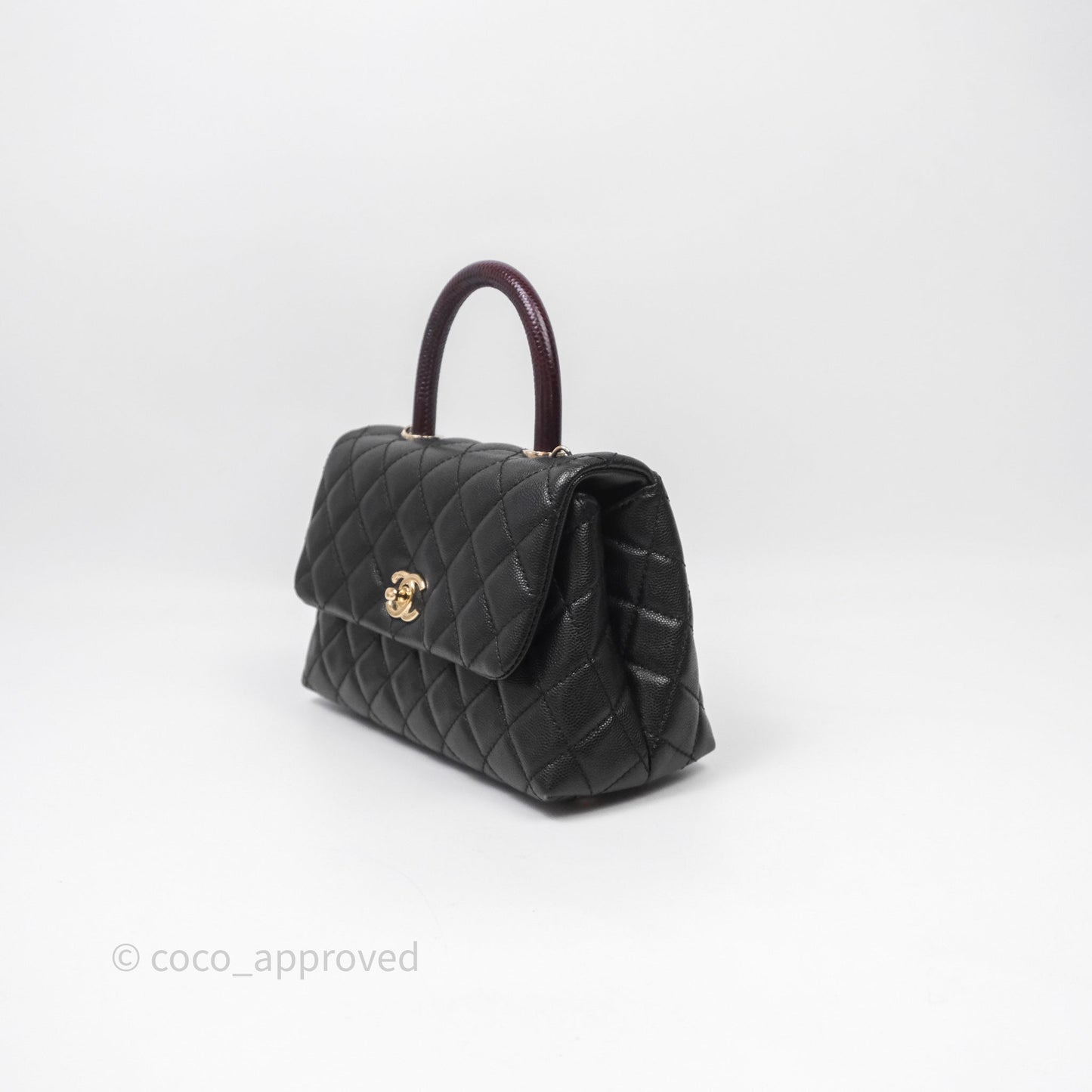 Chanel Small Coco Handle Quilted Black Caviar Aged Gold Hardware Lizard Handle
